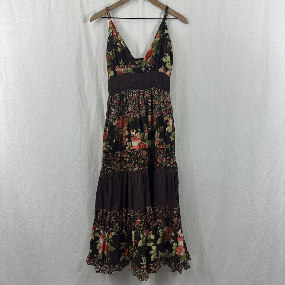 Vintage Magic Boho Western Brown Floral Tiered Maxi Dress Womens Sz M